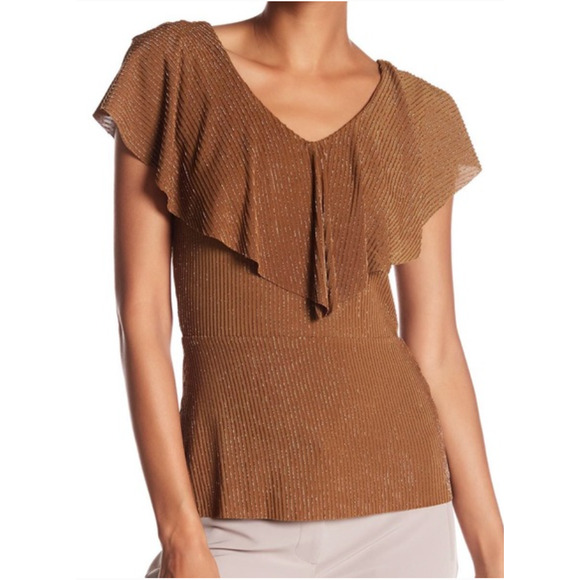 Adrianna Papell Tops - Adrianna Papell Gold Sparkle Stripe Ruffle Top Metallic Gold - Size L